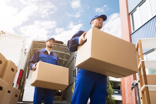 Delivery crew carrying boxes from a van