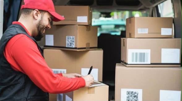 Courier confirming delivery details on boxes